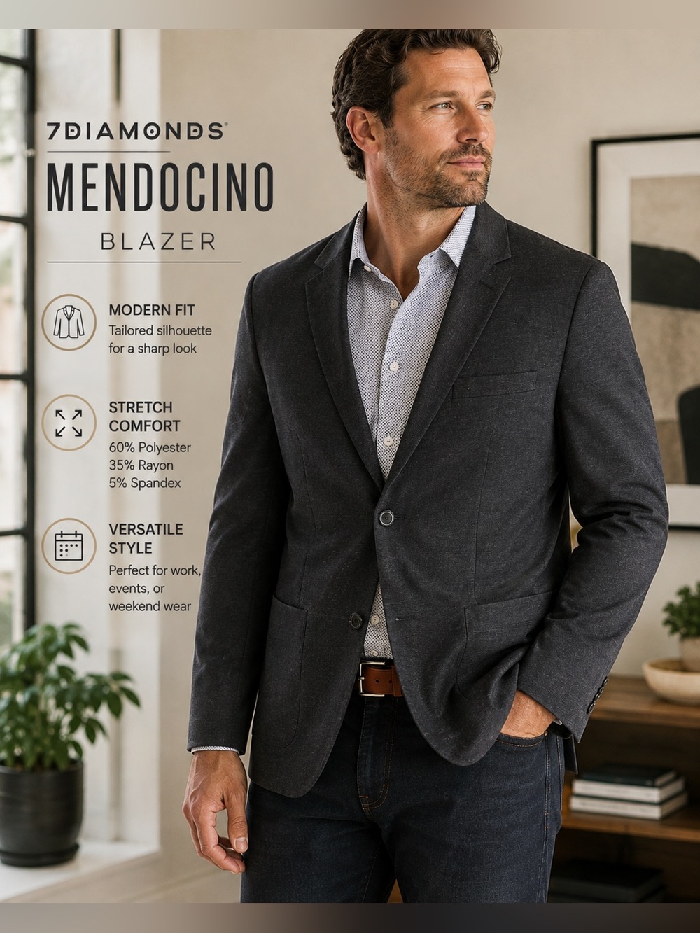 7Diamonds Mendocino Blazer Men’s XL Charcoal Gray Stretch Sport Coat Jacket